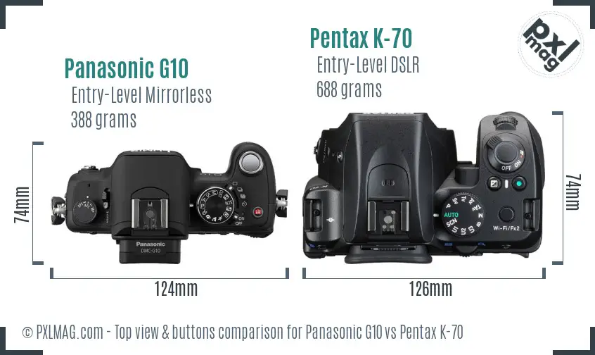 Panasonic G10 vs Pentax K-70 top view buttons comparison