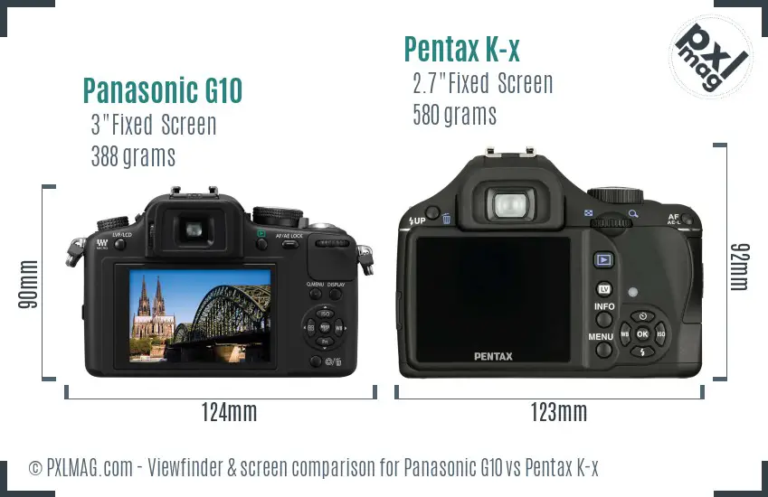 Panasonic G10 vs Pentax K-x Screen and Viewfinder comparison