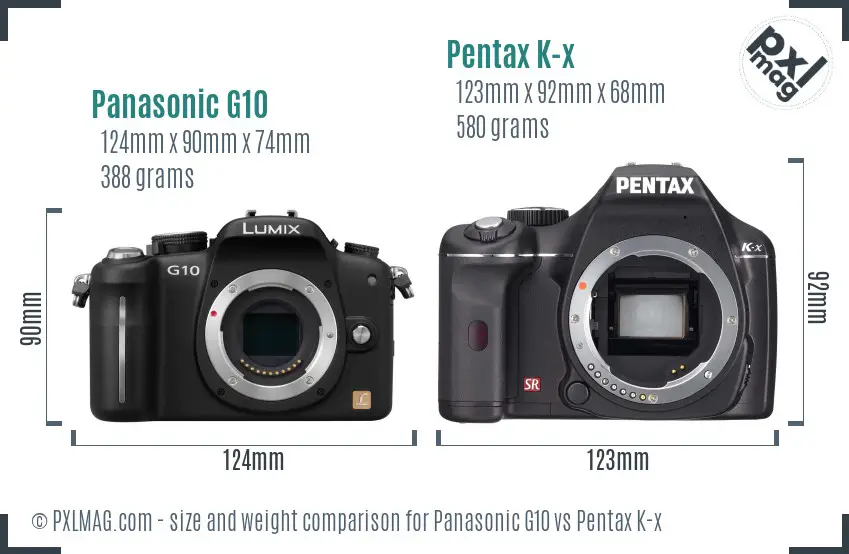 Panasonic G10 vs Pentax K-x size comparison