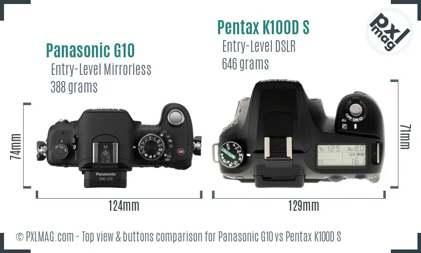 Panasonic G10 vs Pentax K100D S top view buttons comparison