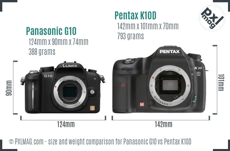 Panasonic G10 vs Pentax K10D size comparison