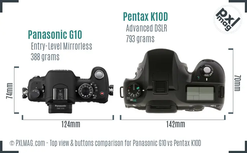 Panasonic G10 vs Pentax K10D top view buttons comparison