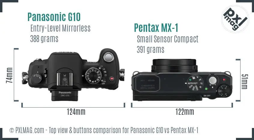 Panasonic G10 vs Pentax MX-1 top view buttons comparison