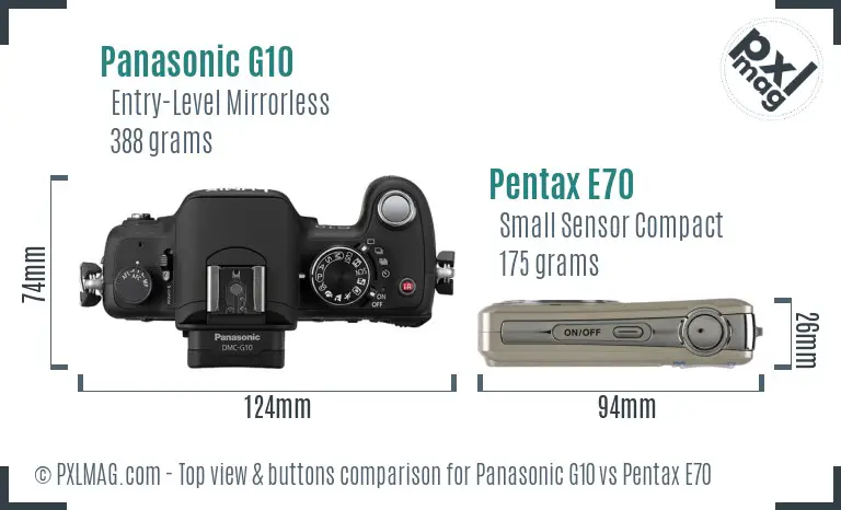 Panasonic G10 vs Pentax E70 top view buttons comparison
