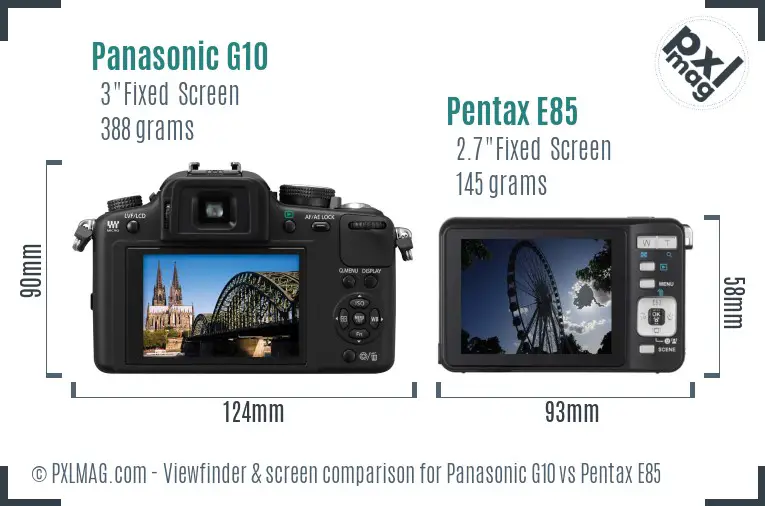 Panasonic G10 vs Pentax E85 Screen and Viewfinder comparison
