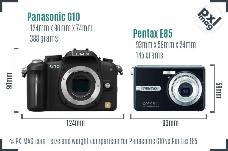 Panasonic G10 vs Pentax E85 size comparison