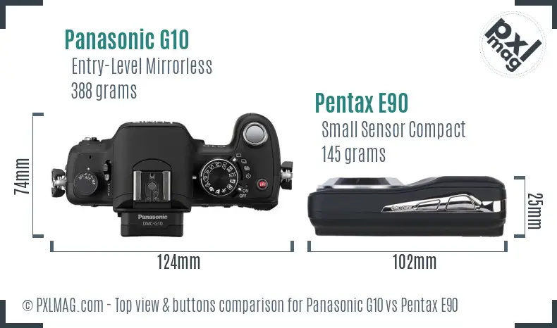 Panasonic G10 vs Pentax E90 top view buttons comparison