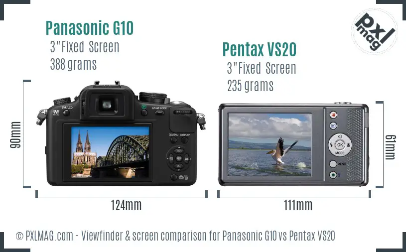 Panasonic G10 vs Pentax VS20 Screen and Viewfinder comparison