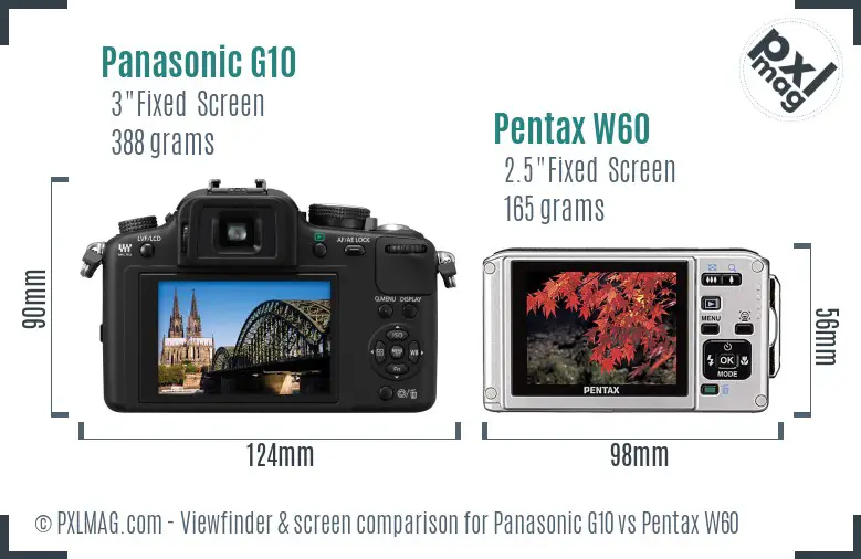 Panasonic G10 vs Pentax W60 Screen and Viewfinder comparison