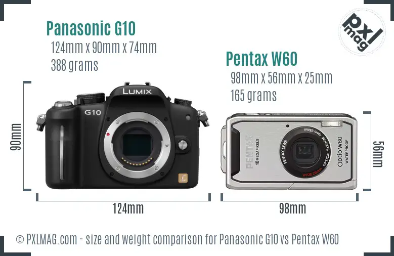 Panasonic G10 vs Pentax W60 size comparison