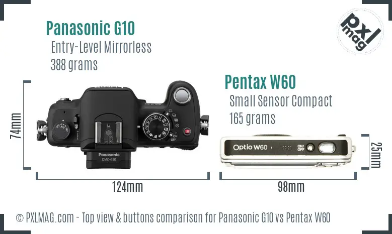 Panasonic G10 vs Pentax W60 top view buttons comparison