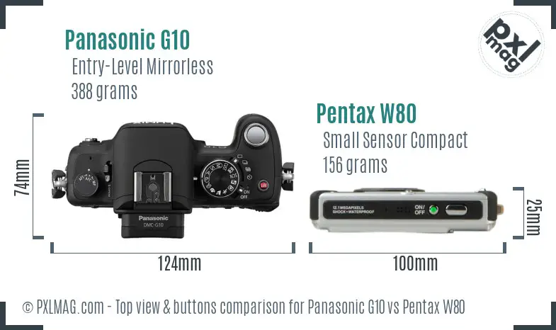 Panasonic G10 vs Pentax W80 top view buttons comparison