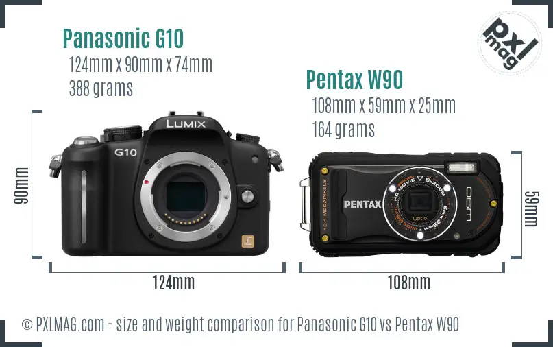 Panasonic G10 vs Pentax W90 size comparison
