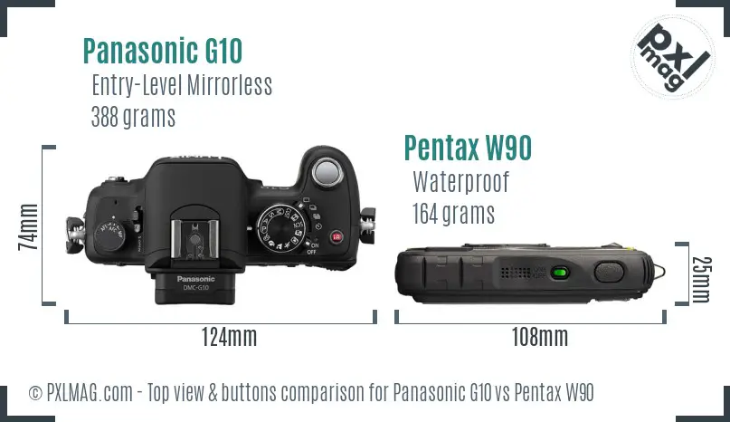 Panasonic G10 vs Pentax W90 top view buttons comparison