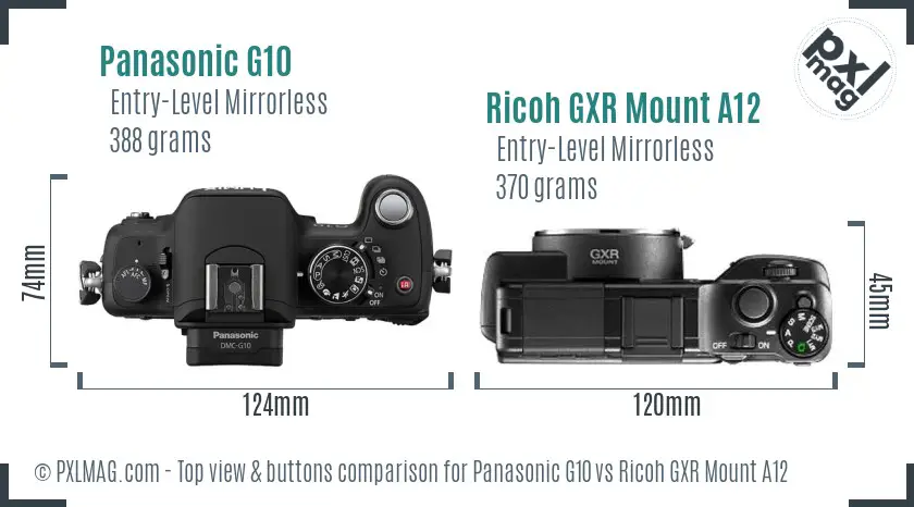 Panasonic G10 vs Ricoh GXR Mount A12 top view buttons comparison