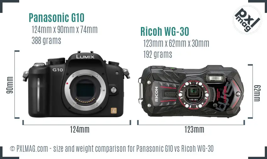 Panasonic G10 vs Ricoh WG-30 size comparison