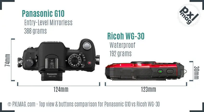 Panasonic G10 vs Ricoh WG-30 top view buttons comparison