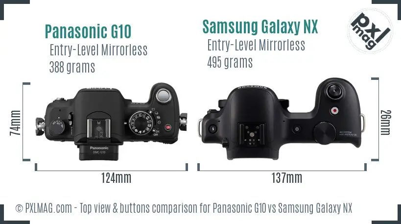 Panasonic G10 vs Samsung Galaxy NX top view buttons comparison