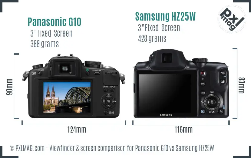 Panasonic G10 vs Samsung HZ25W Screen and Viewfinder comparison