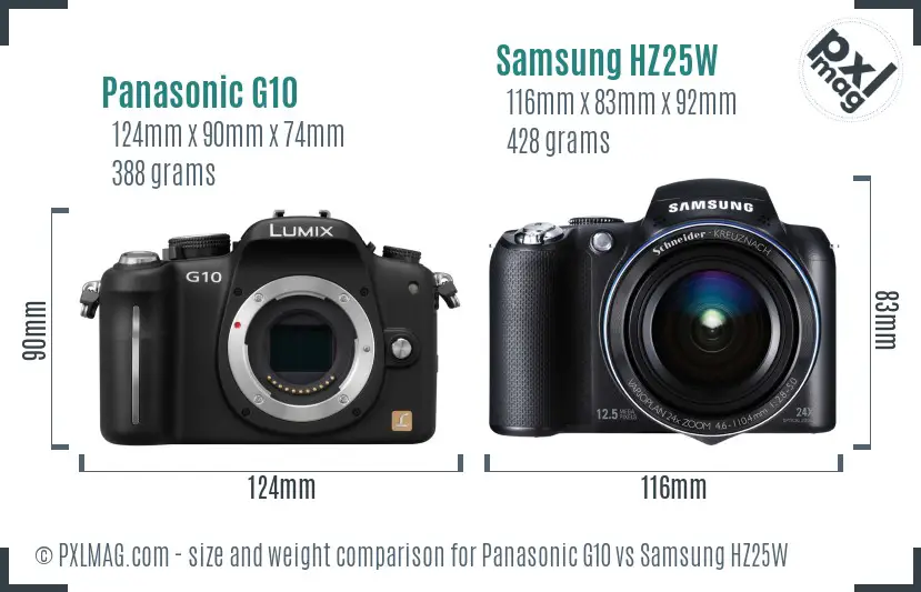 Panasonic G10 vs Samsung HZ25W size comparison