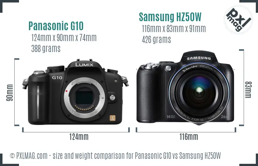 Panasonic G10 vs Samsung HZ50W size comparison