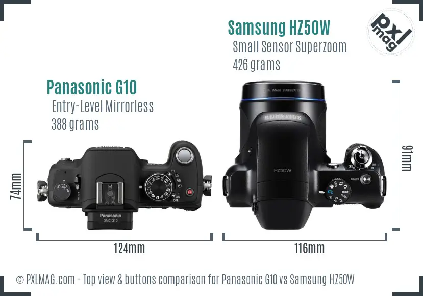 Panasonic G10 vs Samsung HZ50W top view buttons comparison