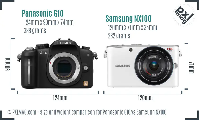 Panasonic G10 vs Samsung NX100 size comparison