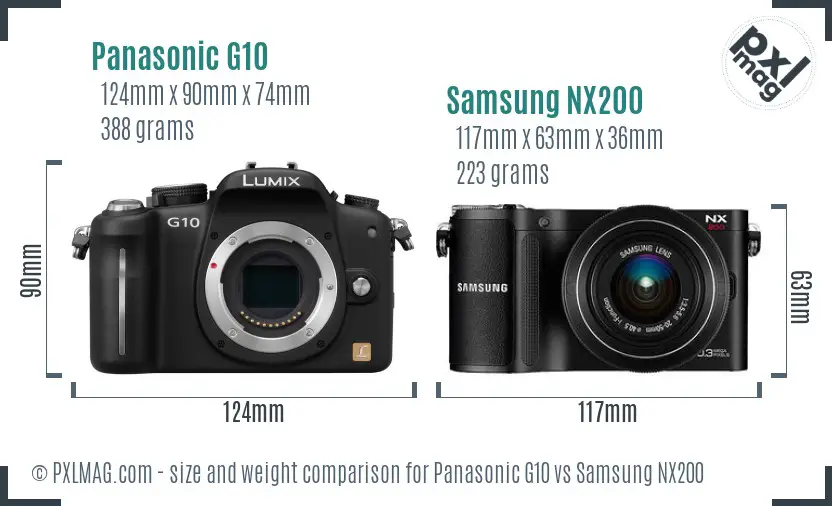 Panasonic G10 vs Samsung NX200 size comparison