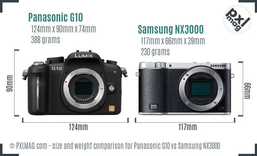 Panasonic G10 vs Samsung NX3000 size comparison