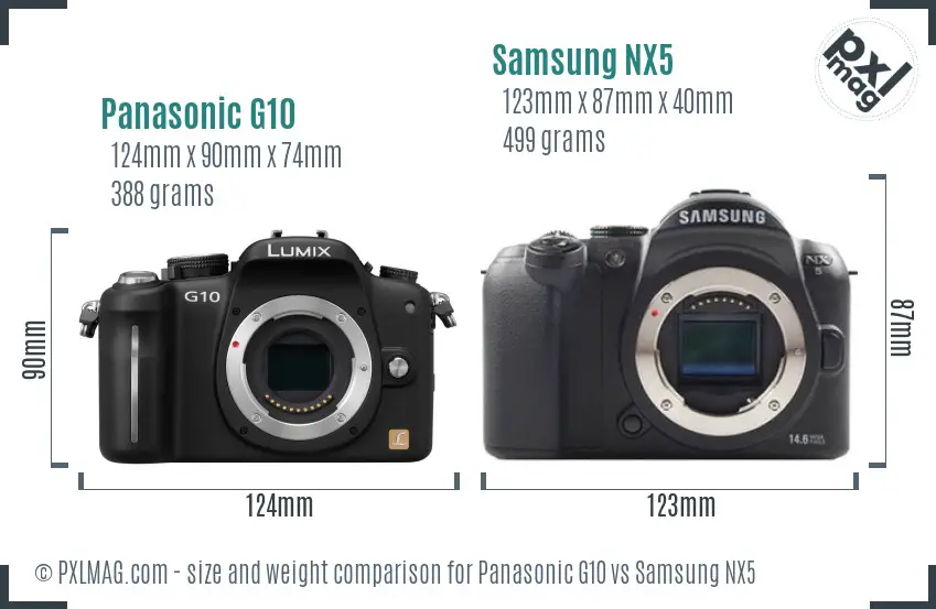 Panasonic G10 vs Samsung NX5 size comparison