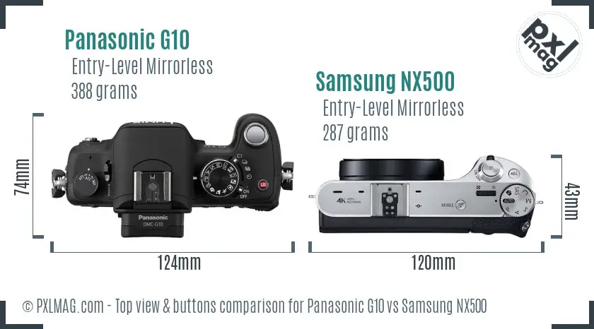 Panasonic G10 vs Samsung NX500 top view buttons comparison