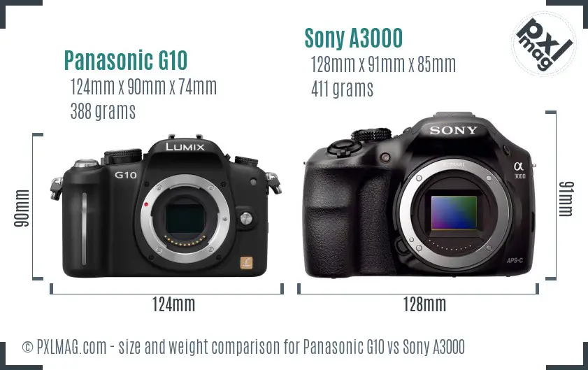 Panasonic G10 vs Sony A3000 size comparison