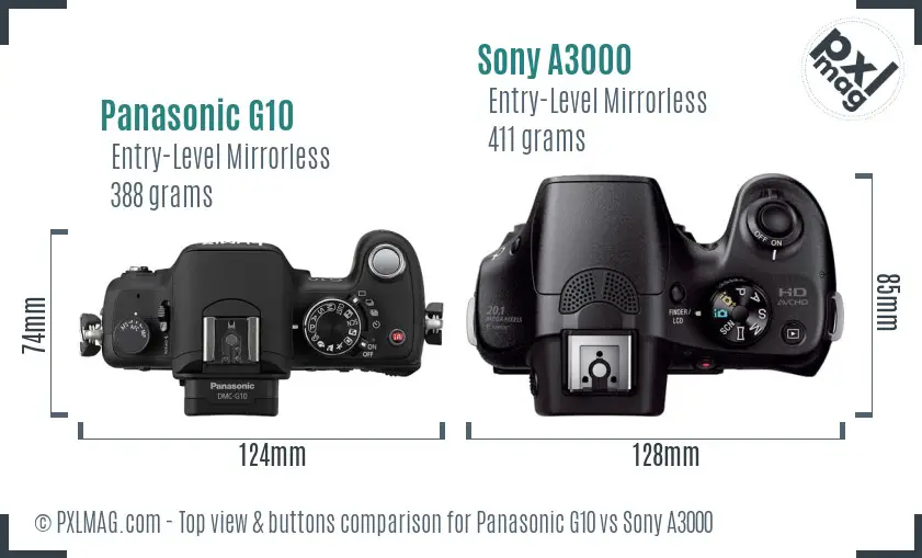 Panasonic G10 vs Sony A3000 top view buttons comparison