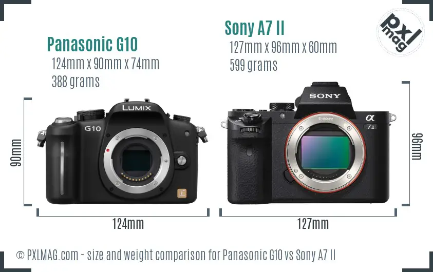 Panasonic G10 vs Sony A7 II size comparison