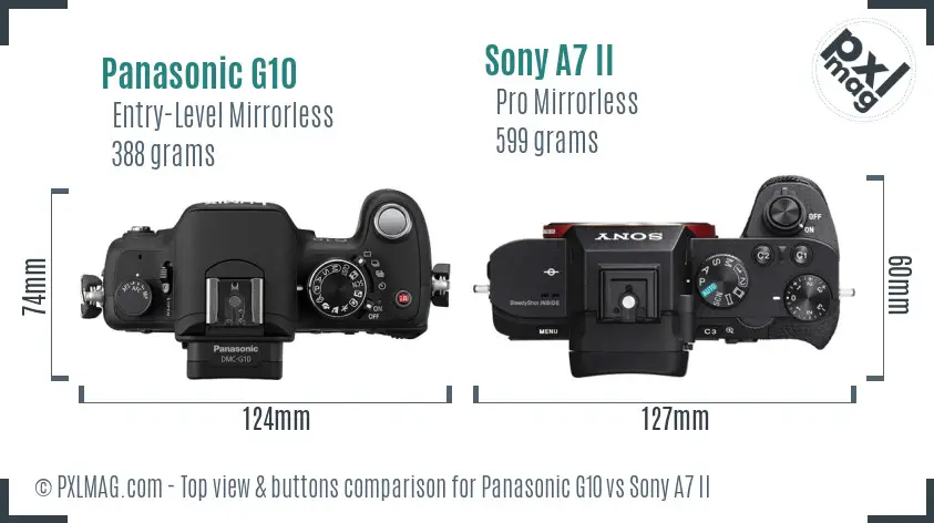 Panasonic G10 vs Sony A7 II top view buttons comparison