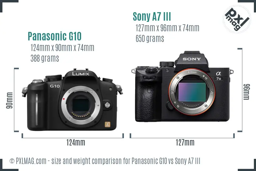 Panasonic G10 vs Sony A7 III size comparison