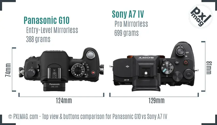 Panasonic G10 vs Sony A7 IV top view buttons comparison Panasonic G10 vs Sony A7 IV top view buttons comparison