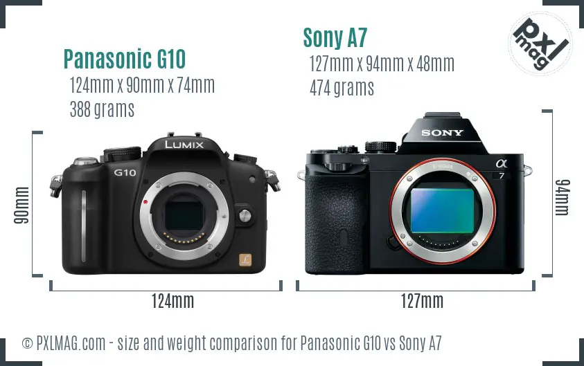 Panasonic G10 vs Sony A7 size comparison