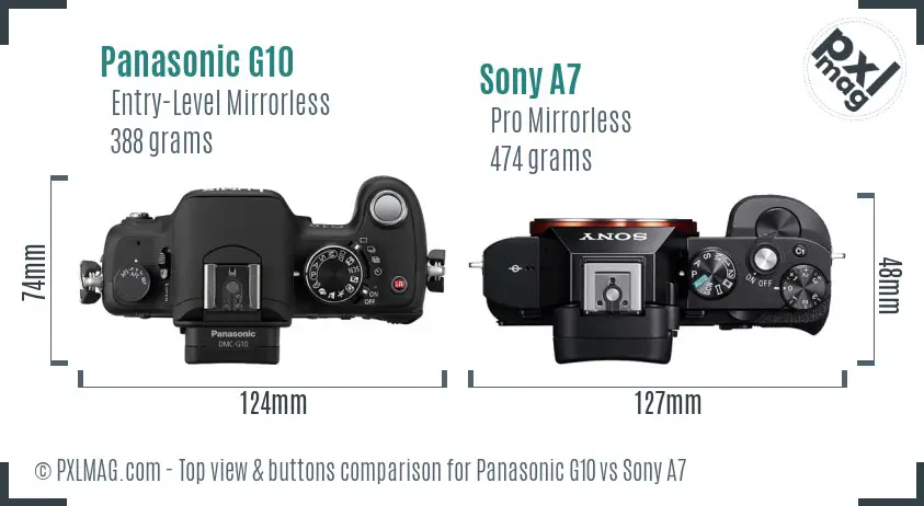 Panasonic G10 vs Sony A7 top view buttons comparison