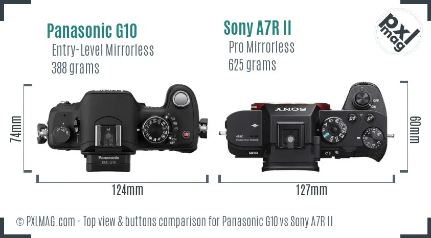 Panasonic G10 vs Sony A7R II top view buttons comparison