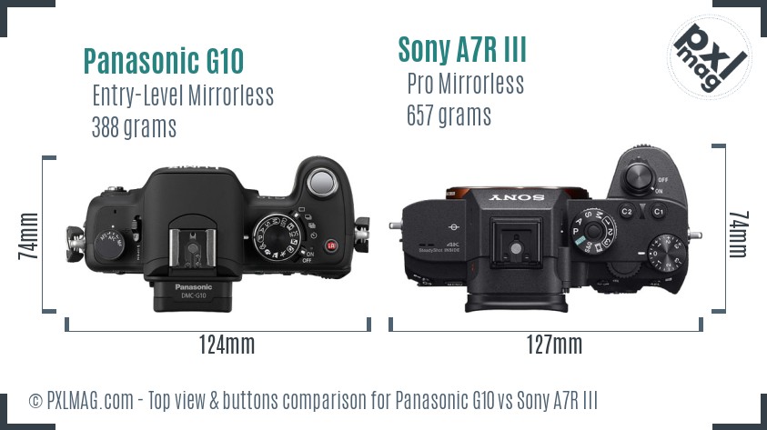 Panasonic G10 vs Sony A7R III top view buttons comparison