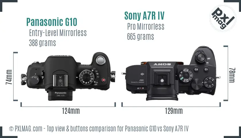 Panasonic G10 vs Sony A7R IV top view buttons comparison