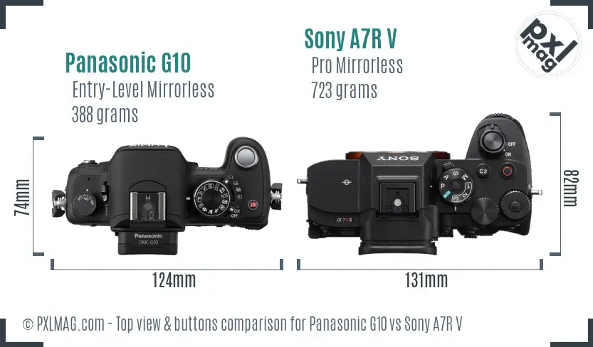 Panasonic G10 vs Sony A7R V top view buttons comparison