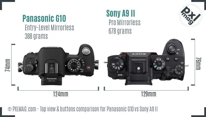 Panasonic G10 vs Sony A9 II top view buttons comparison