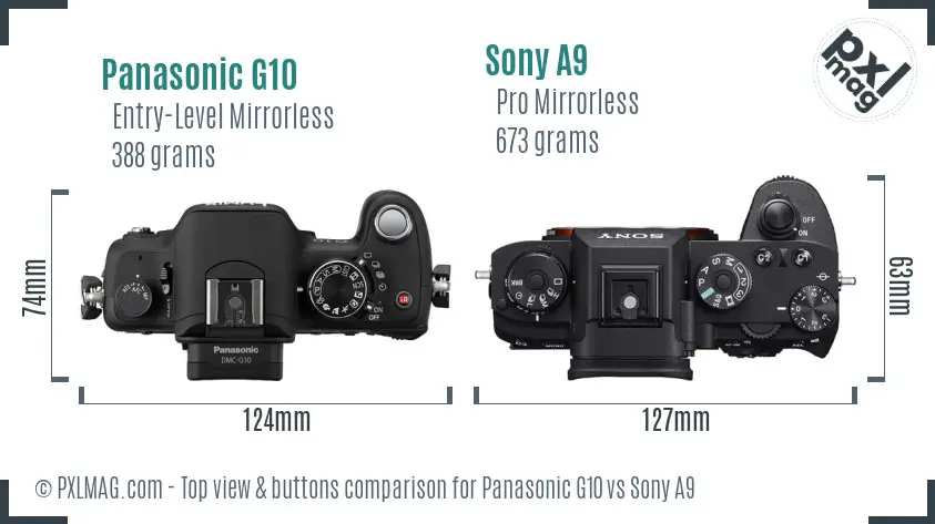 Panasonic G10 vs Sony A9 top view buttons comparison Panasonic G10 vs Sony A9 top view buttons comparison