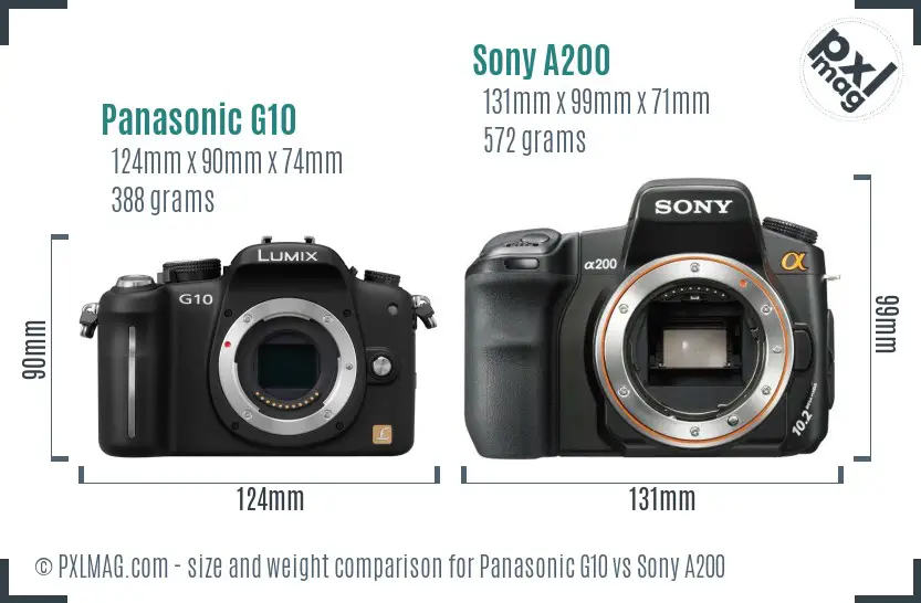 Panasonic G10 vs Sony A200 size comparison