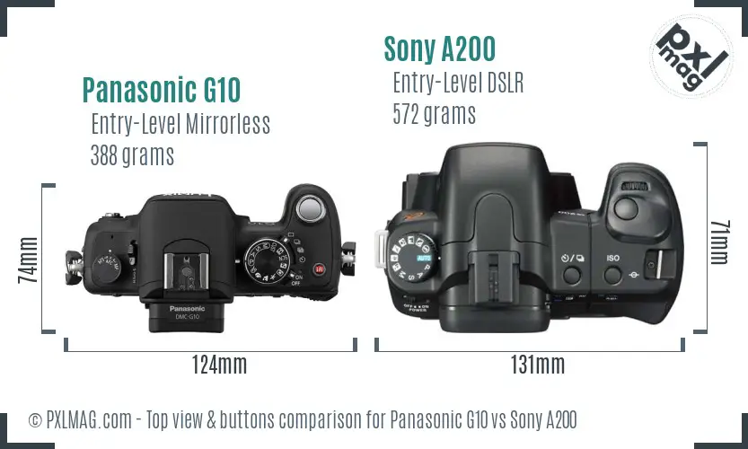 Panasonic G10 vs Sony A200 top view buttons comparison