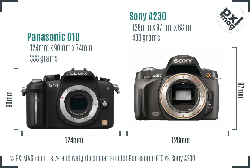 Panasonic G10 vs Sony A230 size comparison