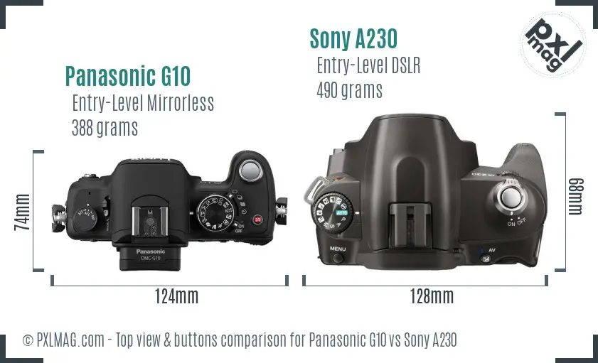 Panasonic G10 vs Sony A230 top view buttons comparison