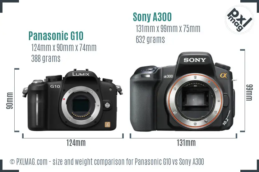 Panasonic G10 vs Sony A300 size comparison